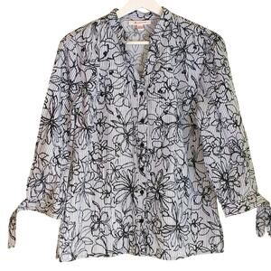 JM Collection Button Up Blouse Wms Size 8 Black White Floral Sequin 3/4 Sleeve